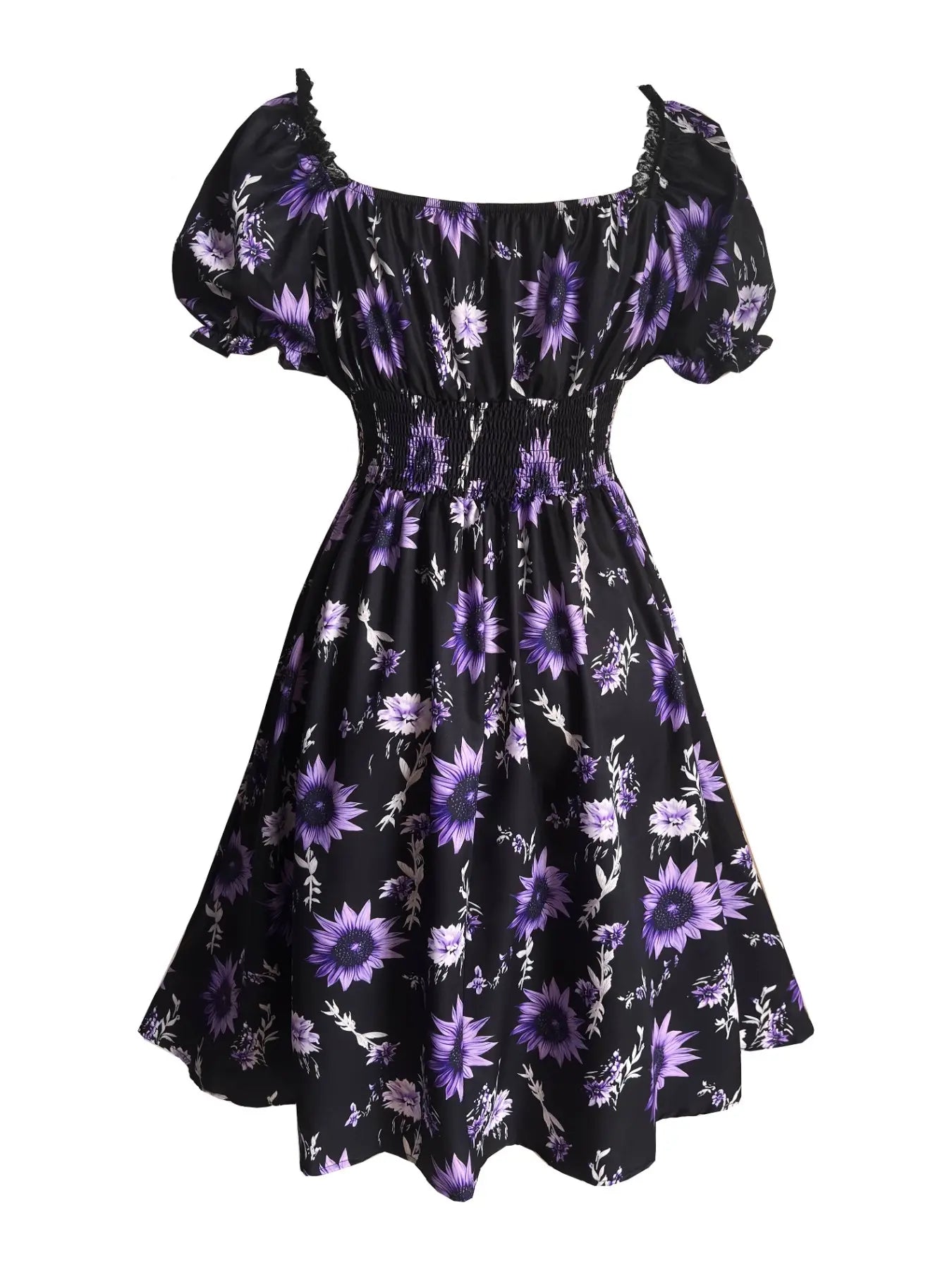 Elegant Vintage Boho Sunflower Print Dress with Bubble Sleeves and Waist Cinching for Summer Vacations and Casual Wear