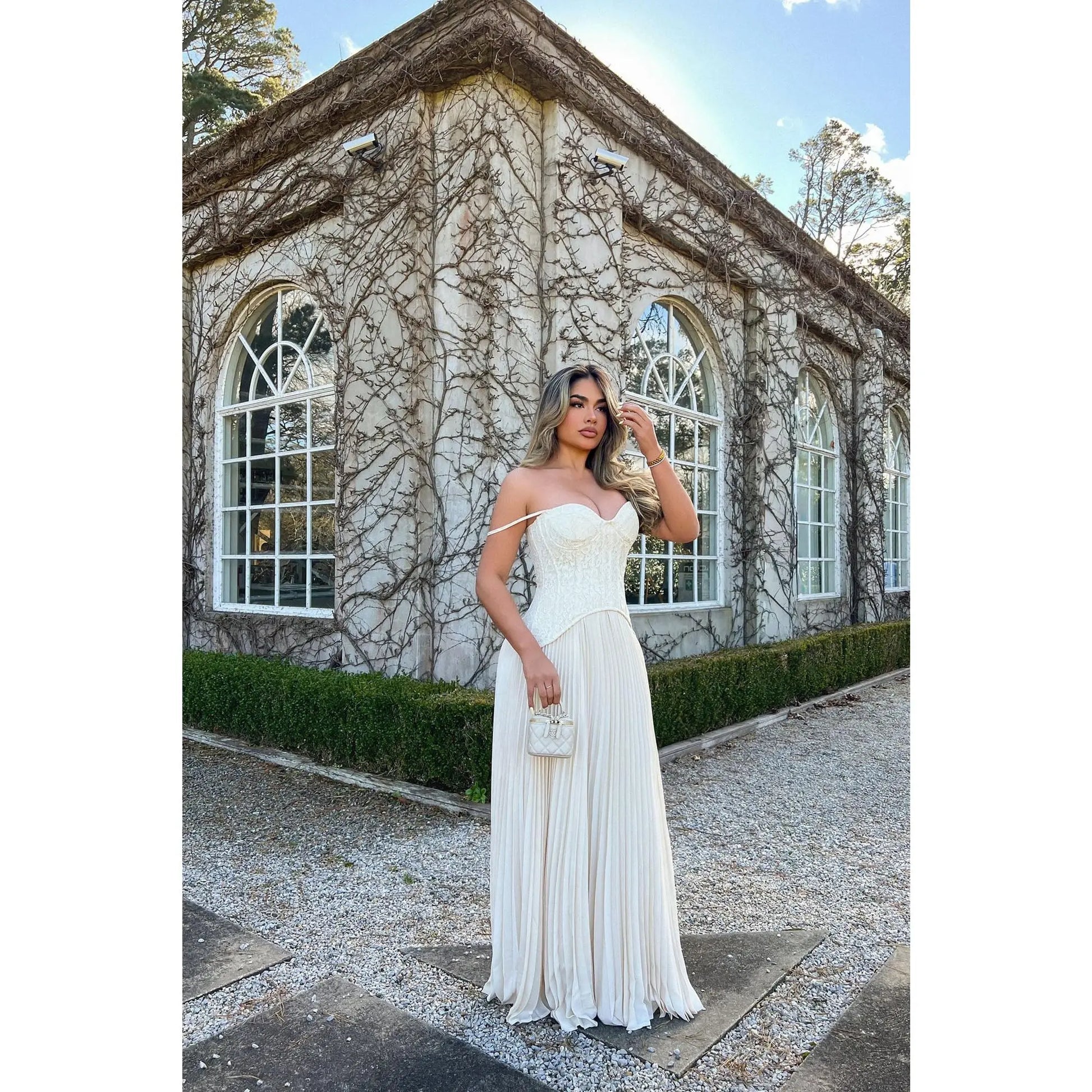 Daniella Lace Corset Pleated Maxi Dress in Cream