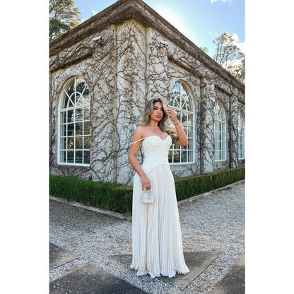 Daniella Lace Corset Pleated Maxi Dress in Cream