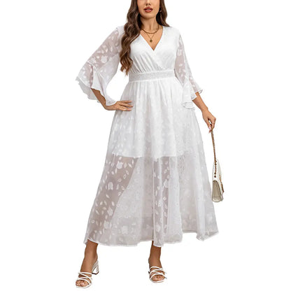 EYWOL Plus Size Elegant Floral Maxi Dress with V-Neck, Ruffle Bell Sleeves, and Side Split – Lightweight Chiffon Bohemian Outfit for Wedding Guests