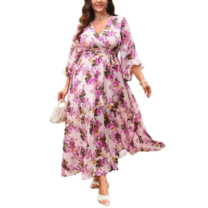 EYWOL Plus Size Elegant Floral Maxi Dress with V-Neck, Ruffle Bell Sleeves, and Side Split – Lightweight Chiffon Bohemian Outfit for Wedding Guests