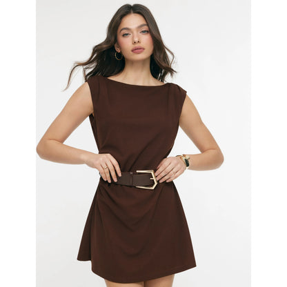 Cider Boat Neck Ruched A-Line Mini Dress with Belted Detail