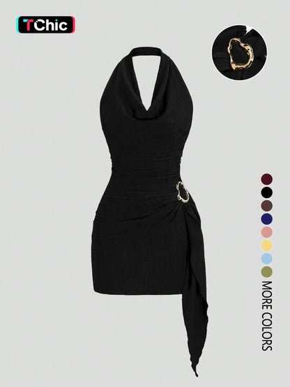 Women's Solid Color Halter Dress - Elegant Backless Design for Casual Office Wear and Daily Use, Stylish and Comfortable
