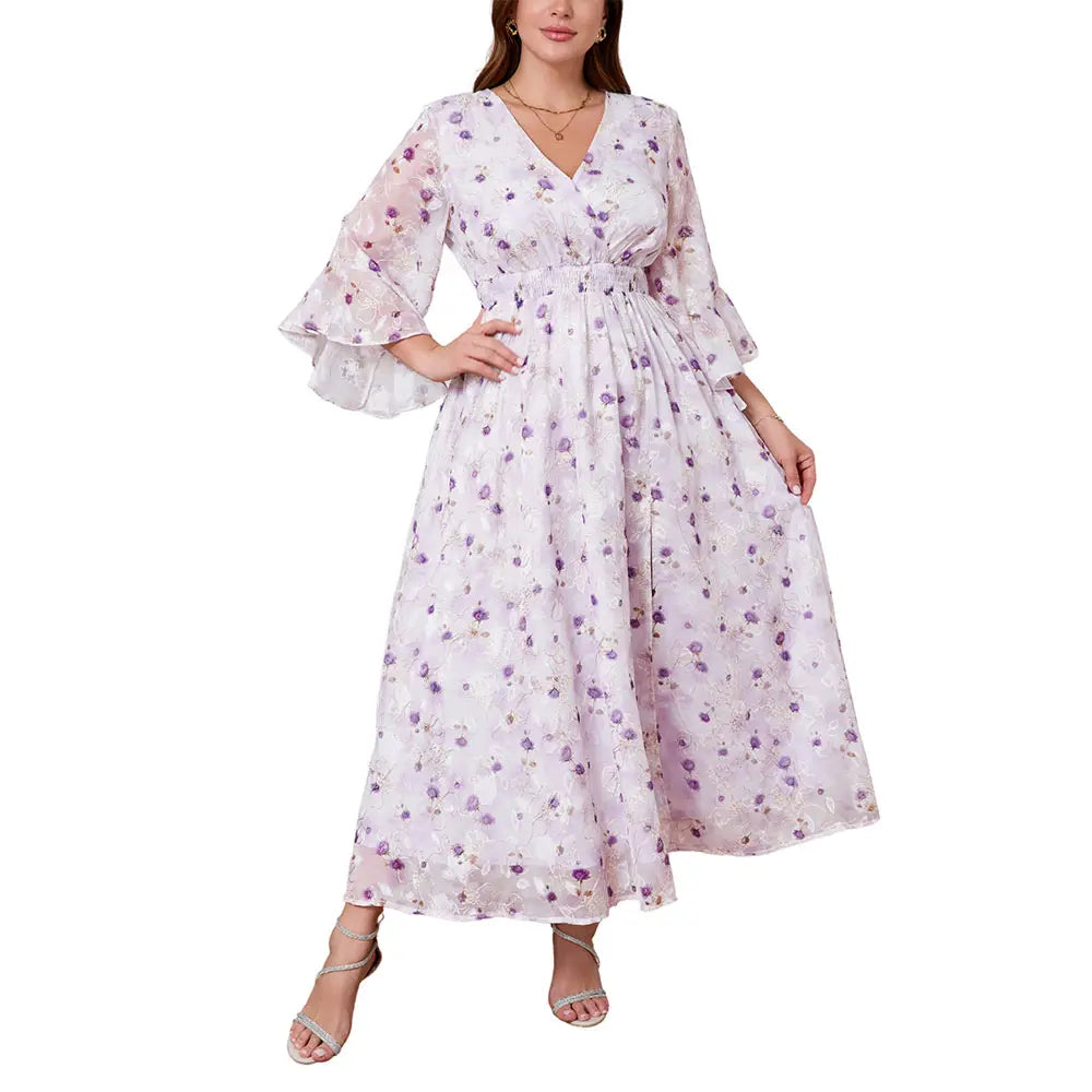 EYWOL Plus Size Elegant Floral Maxi Dress with V-Neck, Ruffle Bell Sleeves, and Side Split – Lightweight Chiffon Bohemian Outfit for Wedding Guests