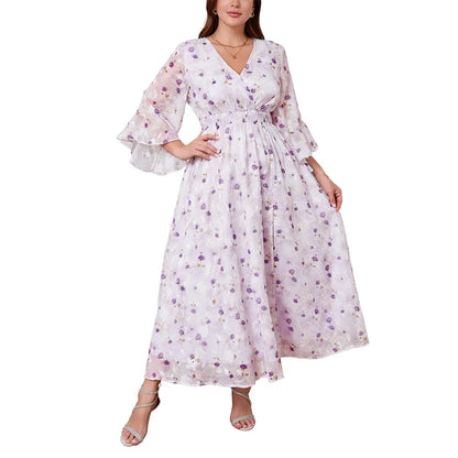 EYWOL Plus Size Elegant Floral Maxi Dress with V-Neck, Ruffle Bell Sleeves, and Side Split – Lightweight Chiffon Bohemian Outfit for Wedding Guests