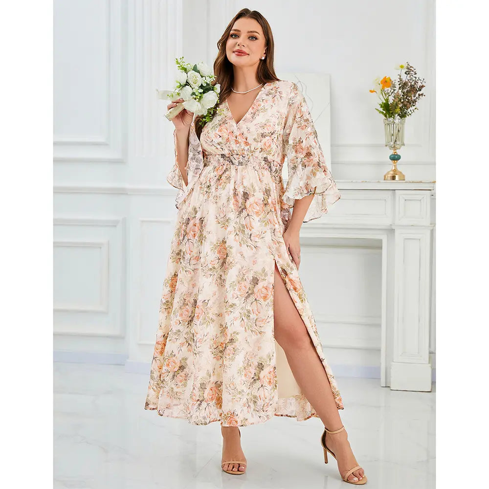 EYWOL Plus Size Elegant Floral Maxi Dress with V-Neck, Ruffle Bell Sleeves, and Side Split – Lightweight Chiffon Bohemian Outfit for Wedding Guests