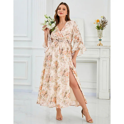 EYWOL Plus Size Elegant Floral Maxi Dress with V-Neck, Ruffle Bell Sleeves, and Side Split – Lightweight Chiffon Bohemian Outfit for Wedding Guests