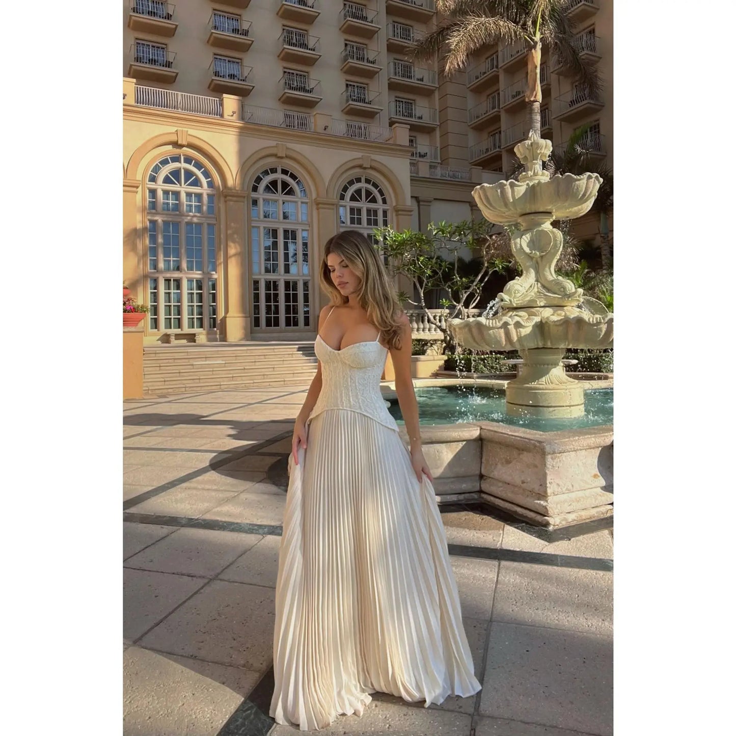 Daniella Lace Corset Pleated Maxi Dress in Cream