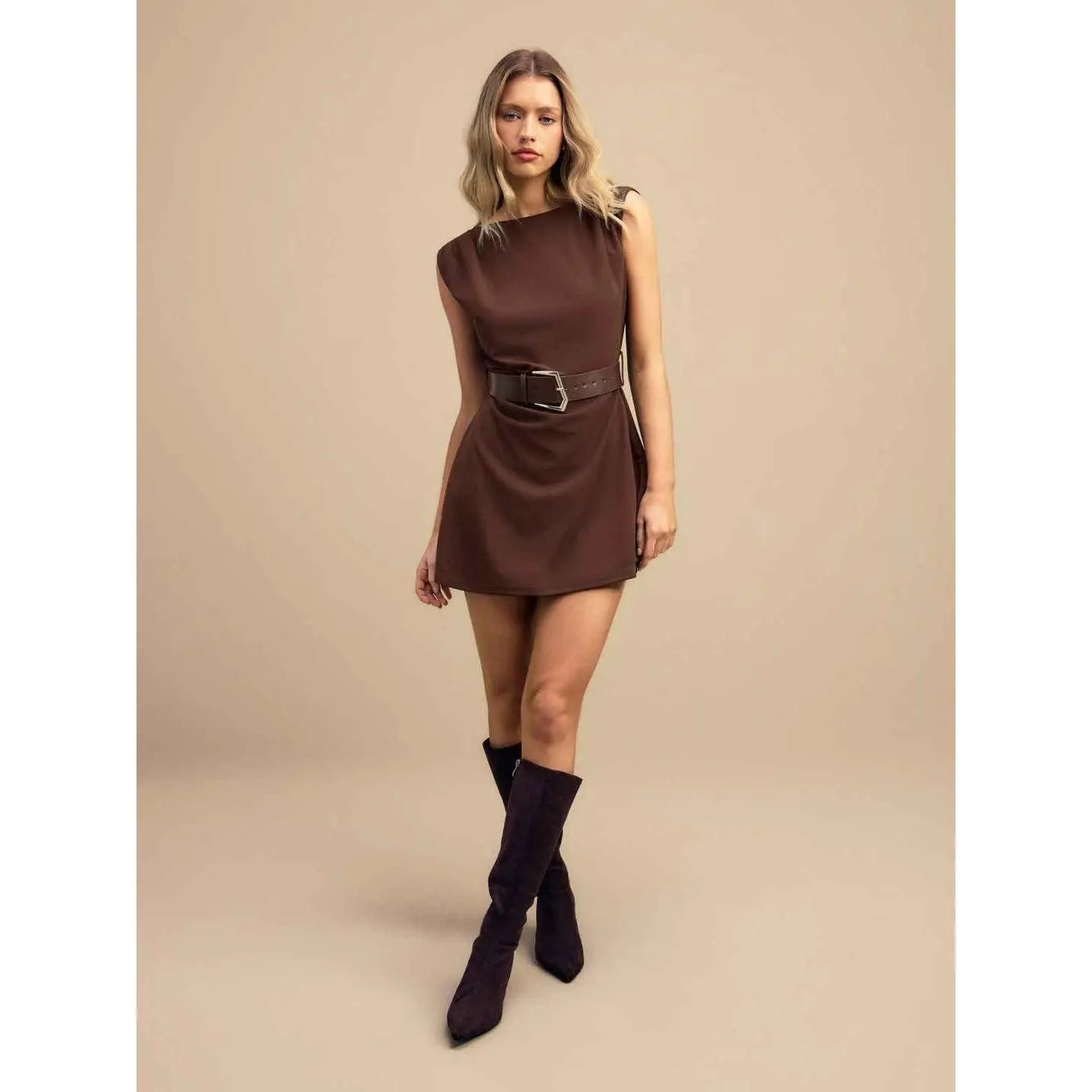 Cider Boat Neck Ruched A-Line Mini Dress with Belted Detail