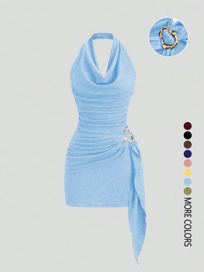 Women's Solid Color Halter Dress - Elegant Backless Design for Casual Office Wear and Daily Use, Stylish and Comfortable