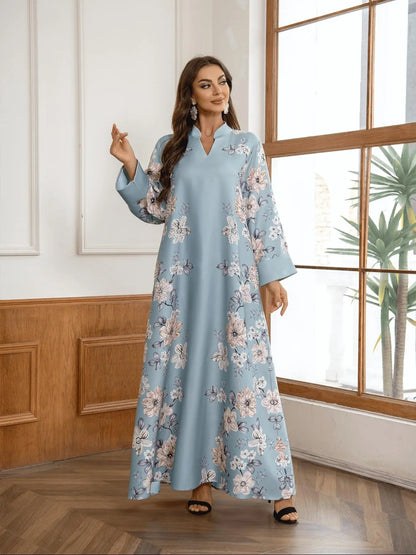 Women's Floral Print Long Sleeve Kaftan Dress - Elegant Casual Modest Style for Daily Outdoor Wear, Versatile Islamic Clothing for All Seasons