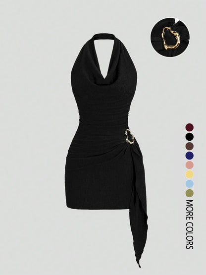 Women's Solid Color Halter Dress - Elegant Backless Design for Casual Office Wear and Daily Use, Stylish and Comfortable