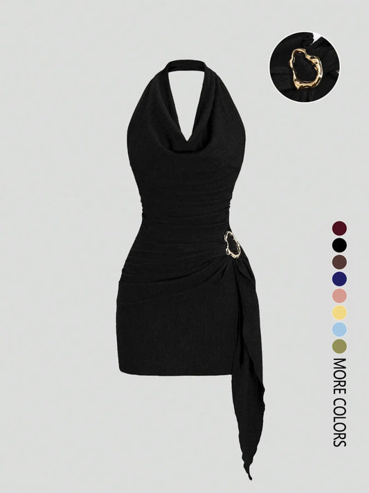 Women's Solid Color Halter Dress - Elegant Backless Design for Casual Office Wear and Daily Use, Stylish and Comfortable