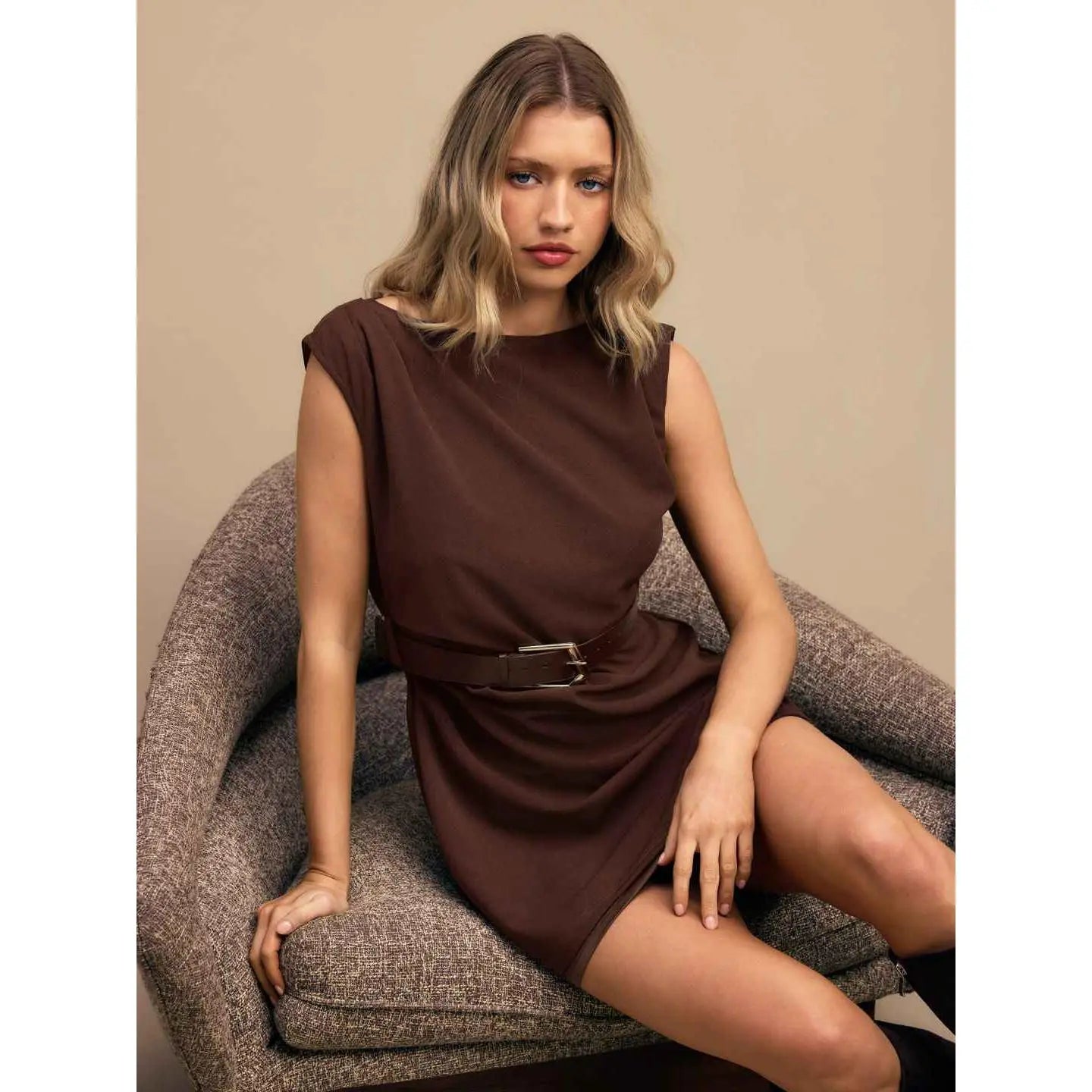 Cider Boat Neck Ruched A-Line Mini Dress with Belted Detail