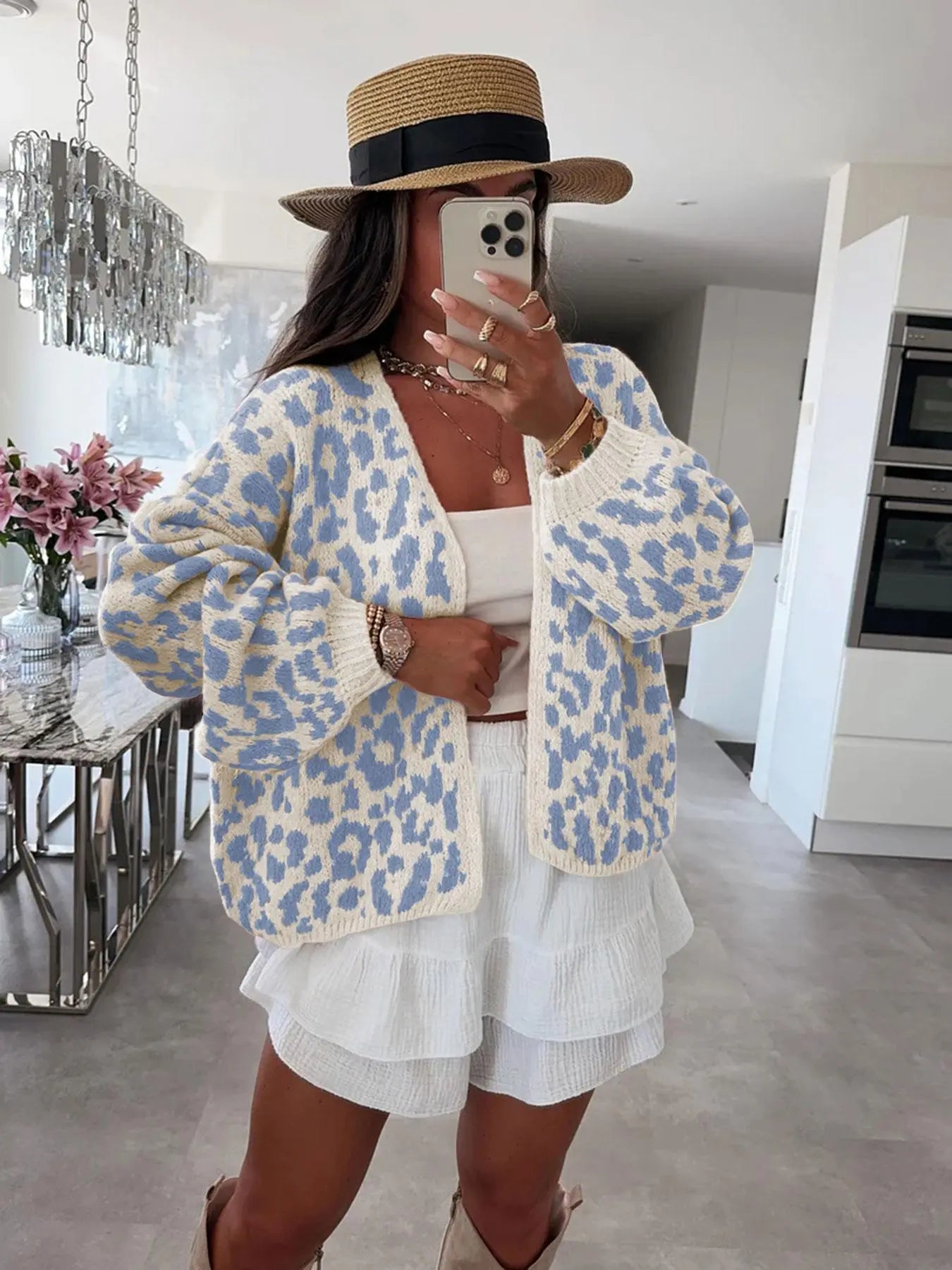 Women'S Colorblock Leopard Drop Shoulder Cardigan, Casual Long Sleeve Open Front Knitwear for Fall & Winter, Fashion Women'S Knit Clothing for Daily Wear, Knitted Cardigan Tops