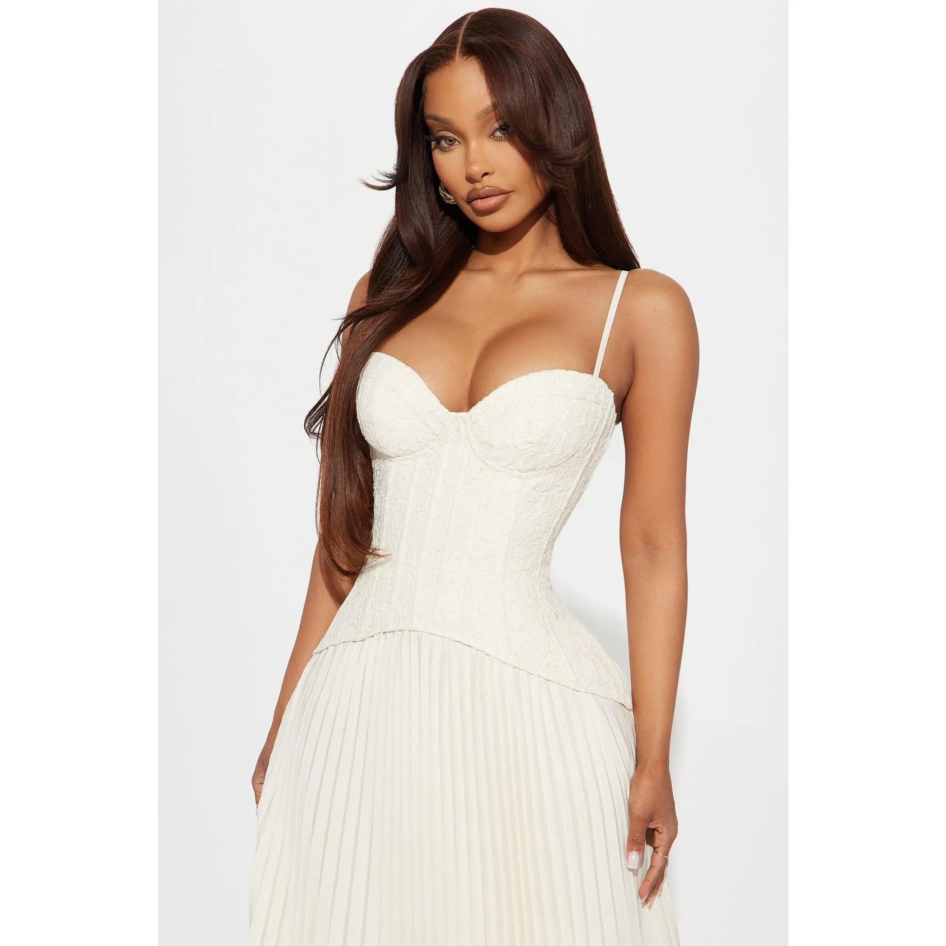 Daniella Lace Corset Pleated Maxi Dress in Cream