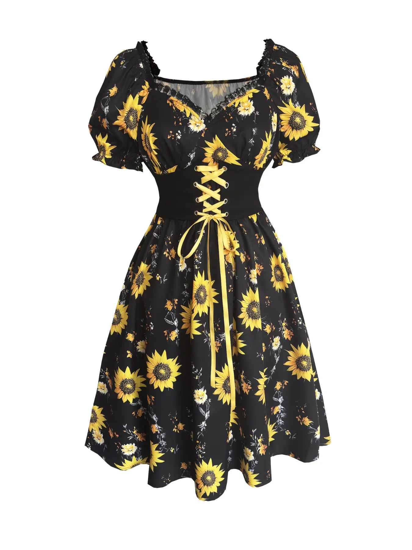 Elegant Vintage Boho Sunflower Print Dress with Bubble Sleeves and Waist Cinching for Summer Vacations and Casual Wear