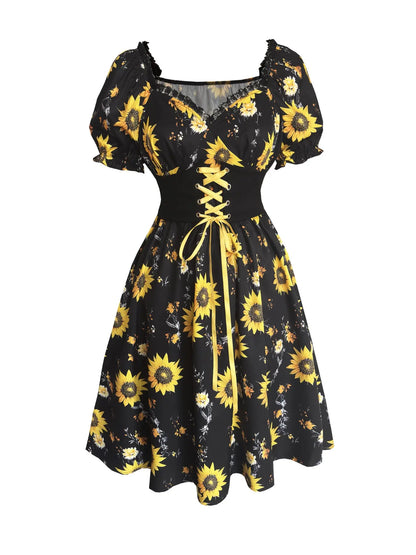 Elegant Vintage Boho Sunflower Print Dress with Bubble Sleeves and Waist Cinching for Summer Vacations and Casual Wear