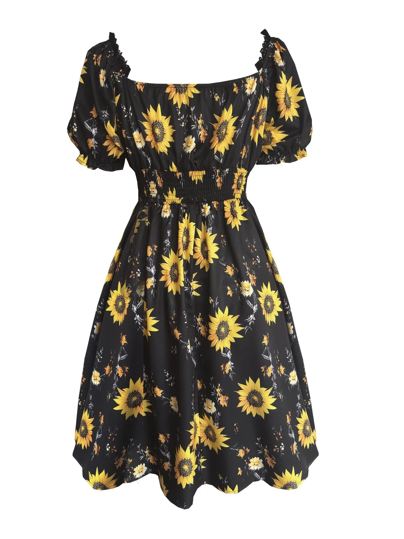 Elegant Vintage Boho Sunflower Print Dress with Bubble Sleeves and Waist Cinching for Summer Vacations and Casual Wear