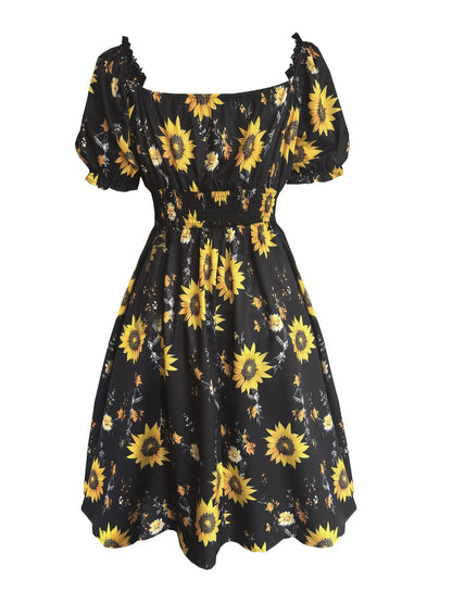 Elegant Vintage Boho Sunflower Print Dress with Bubble Sleeves and Waist Cinching for Summer Vacations and Casual Wear