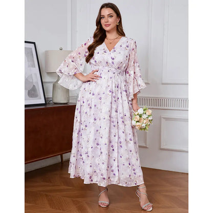 EYWOL Plus Size Elegant Floral Maxi Dress with V-Neck, Ruffle Bell Sleeves, and Side Split – Lightweight Chiffon Bohemian Outfit for Wedding Guests