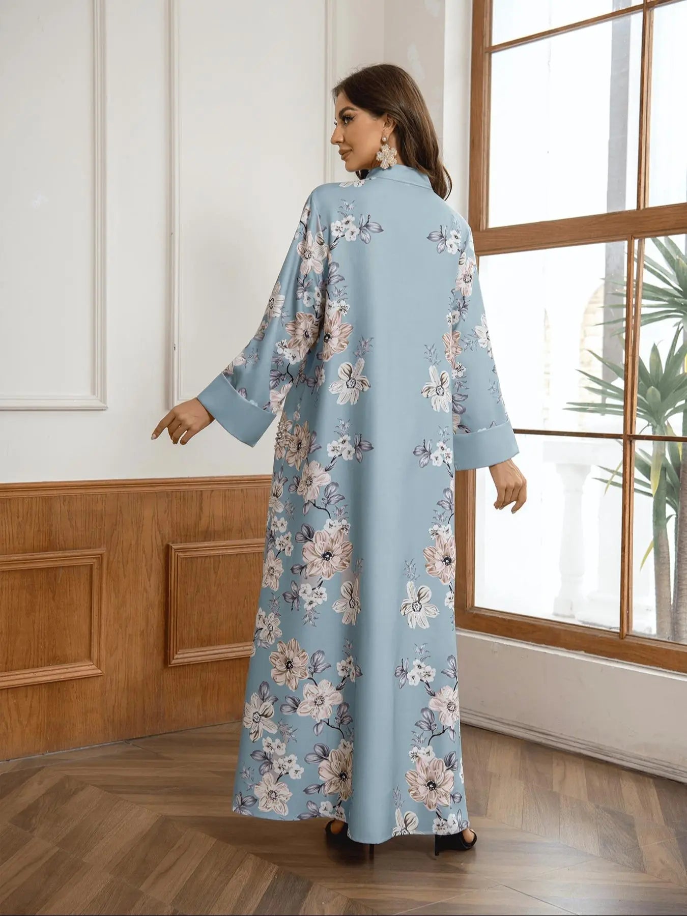 Women's Floral Print Long Sleeve Kaftan Dress - Elegant Casual Modest Style for Daily Outdoor Wear, Versatile Islamic Clothing for All Seasons