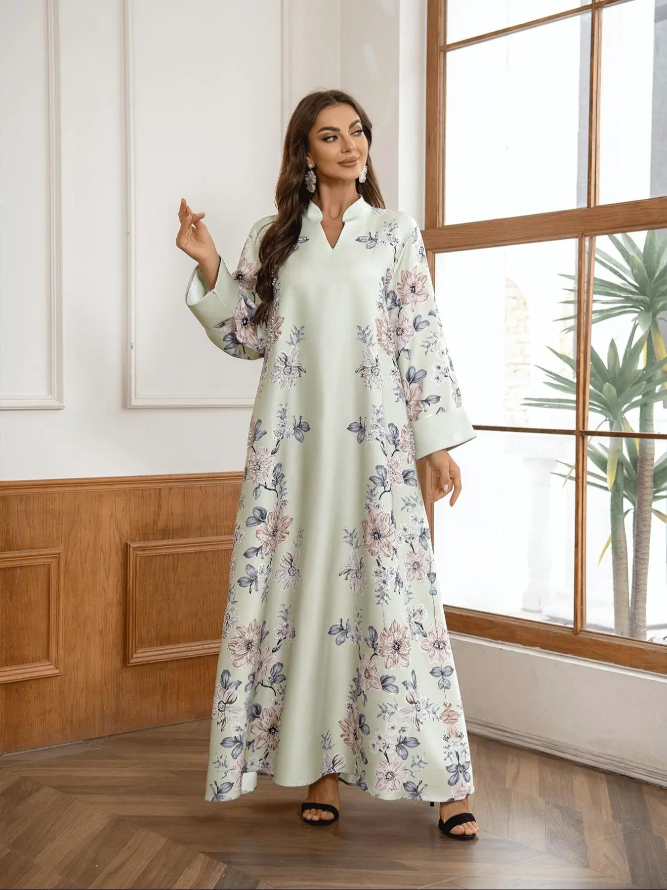 Women's Floral Print Long Sleeve Kaftan Dress - Elegant Casual Modest Style for Daily Outdoor Wear, Versatile Islamic Clothing for All Seasons