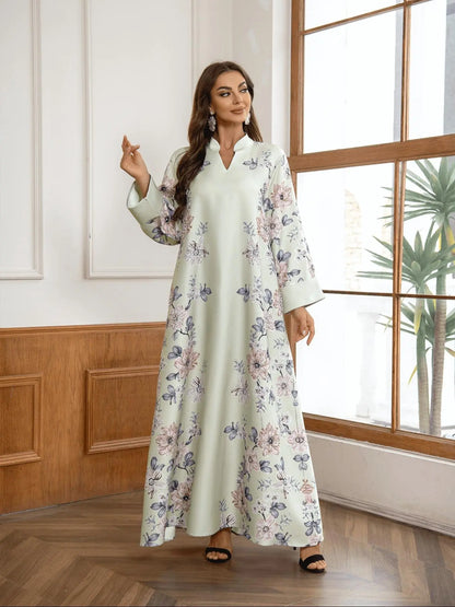 Women's Floral Print Long Sleeve Kaftan Dress - Elegant Casual Modest Style for Daily Outdoor Wear, Versatile Islamic Clothing for All Seasons