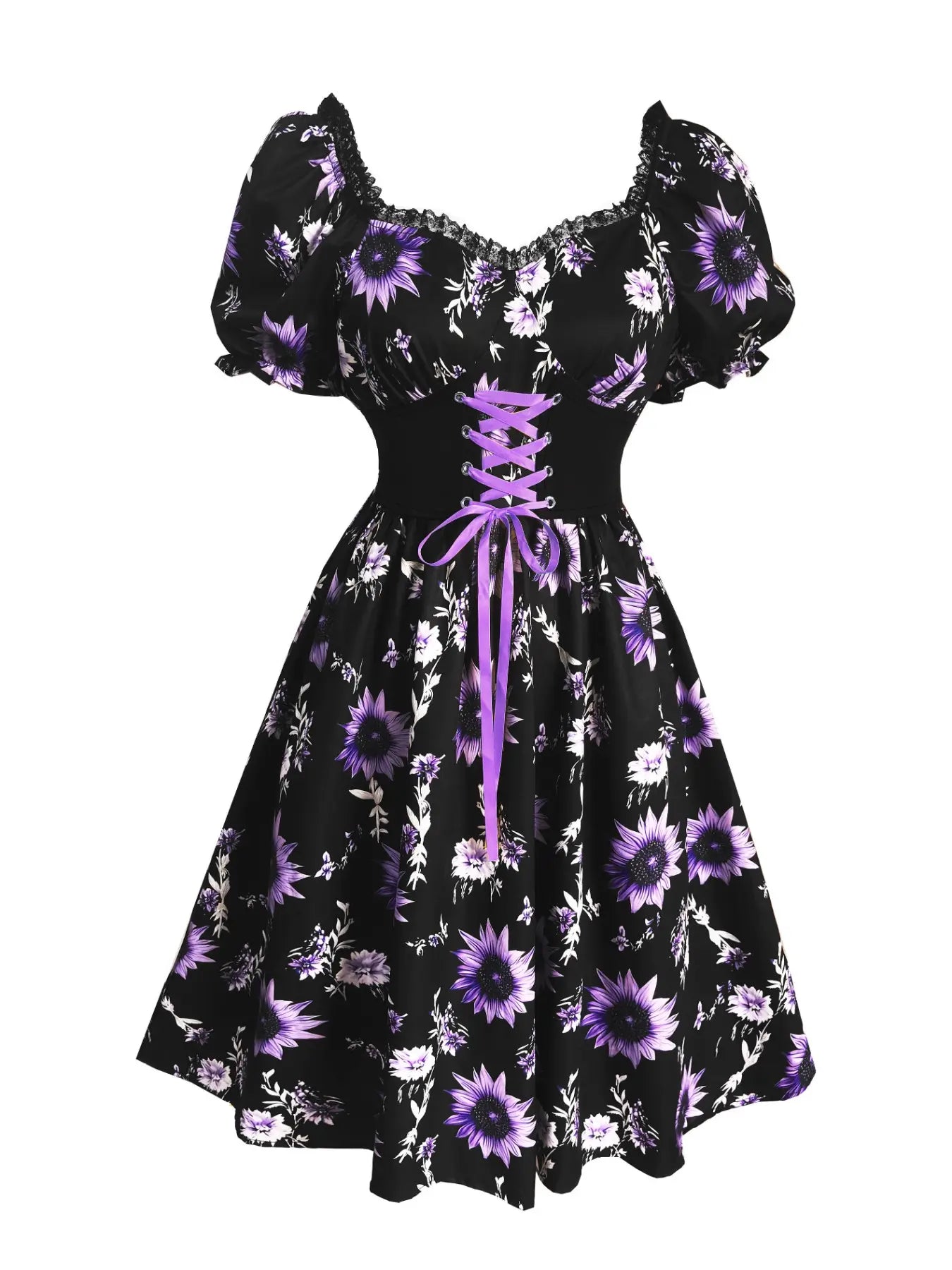 Elegant Vintage Boho Sunflower Print Dress with Bubble Sleeves and Waist Cinching for Summer Vacations and Casual Wear