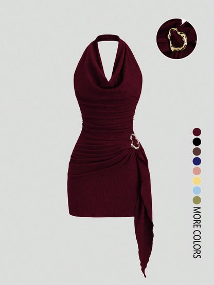 Women's Solid Color Halter Dress - Elegant Backless Design for Casual Office Wear and Daily Use, Stylish and Comfortable