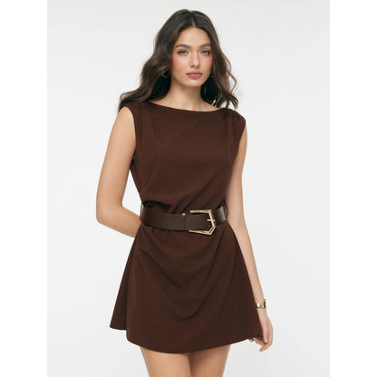 Cider Boat Neck Ruched A-Line Mini Dress with Belted Detail