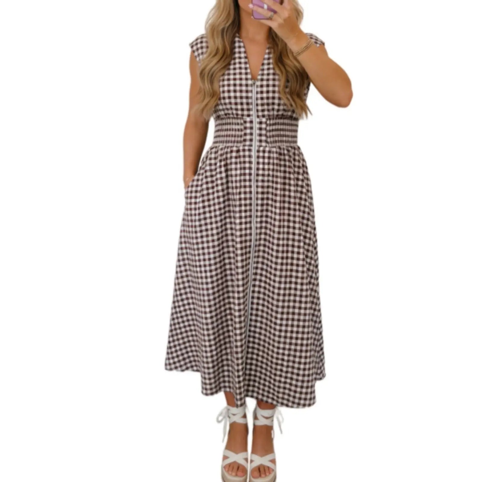 Asvivid Women's Plaid Print Sleeveless Maxi Dress with Full Zipper and Cinched Waist - Casual Summer Wear