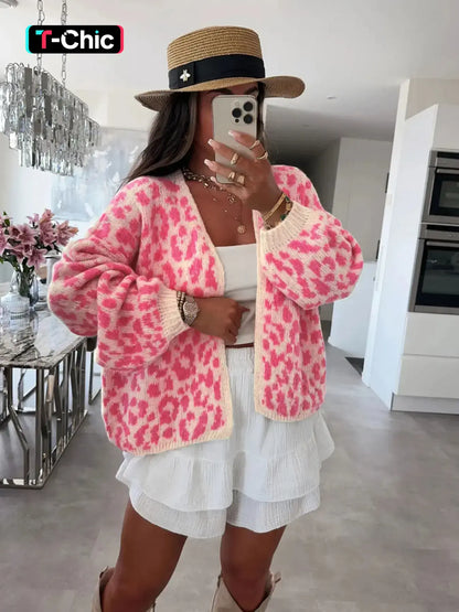 Women'S Colorblock Leopard Drop Shoulder Cardigan, Casual Long Sleeve Open Front Knitwear for Fall & Winter, Fashion Women'S Knit Clothing for Daily Wear, Knitted Cardigan Tops