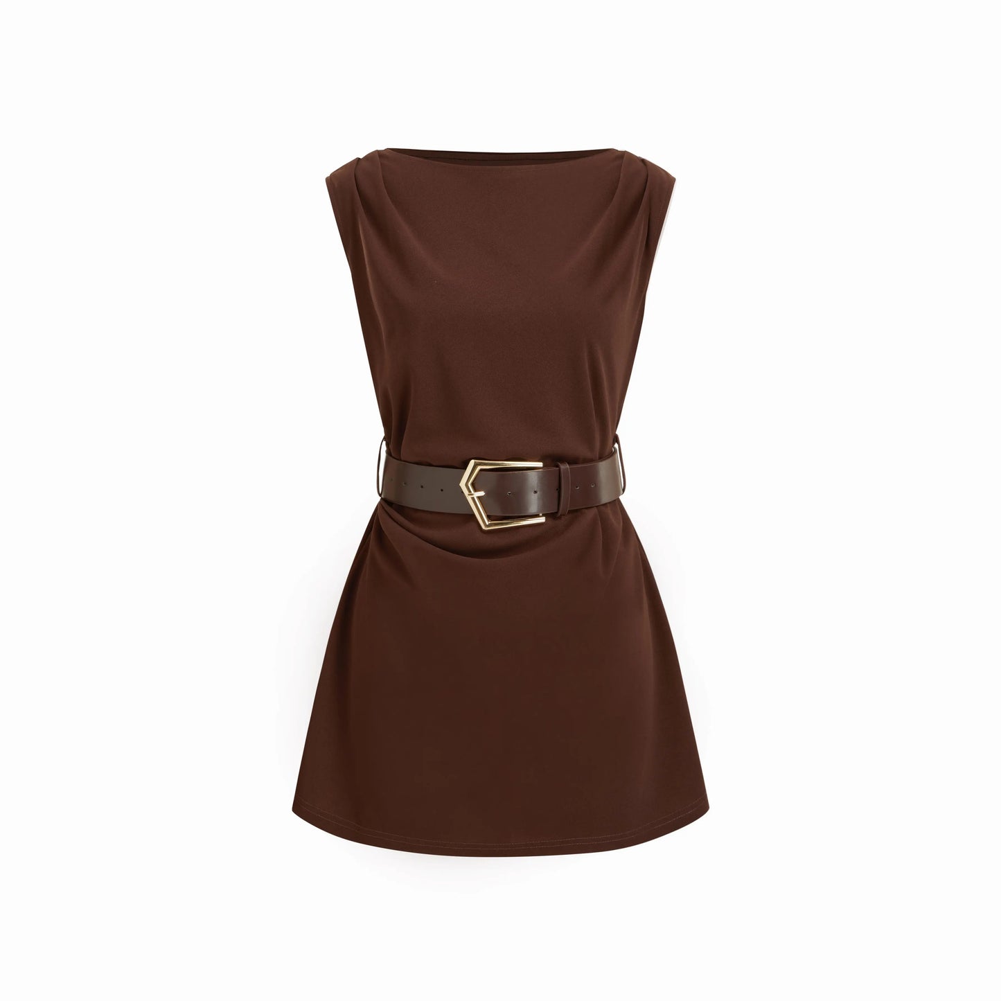 Cider Boat Neck Ruched A-Line Mini Dress with Belted Detail