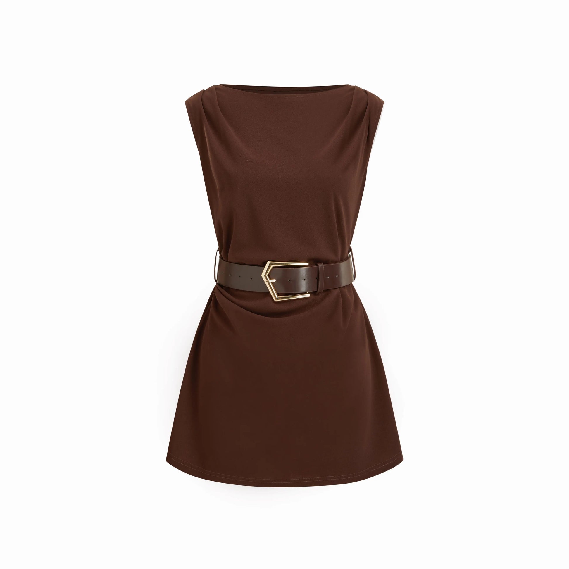 Cider Boat Neck Ruched A-Line Mini Dress with Belted Detail