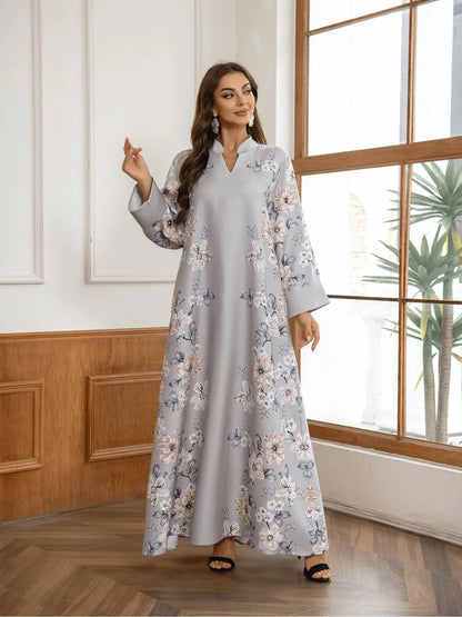 Women's Floral Print Long Sleeve Kaftan Dress - Elegant Casual Modest Style for Daily Outdoor Wear, Versatile Islamic Clothing for All Seasons