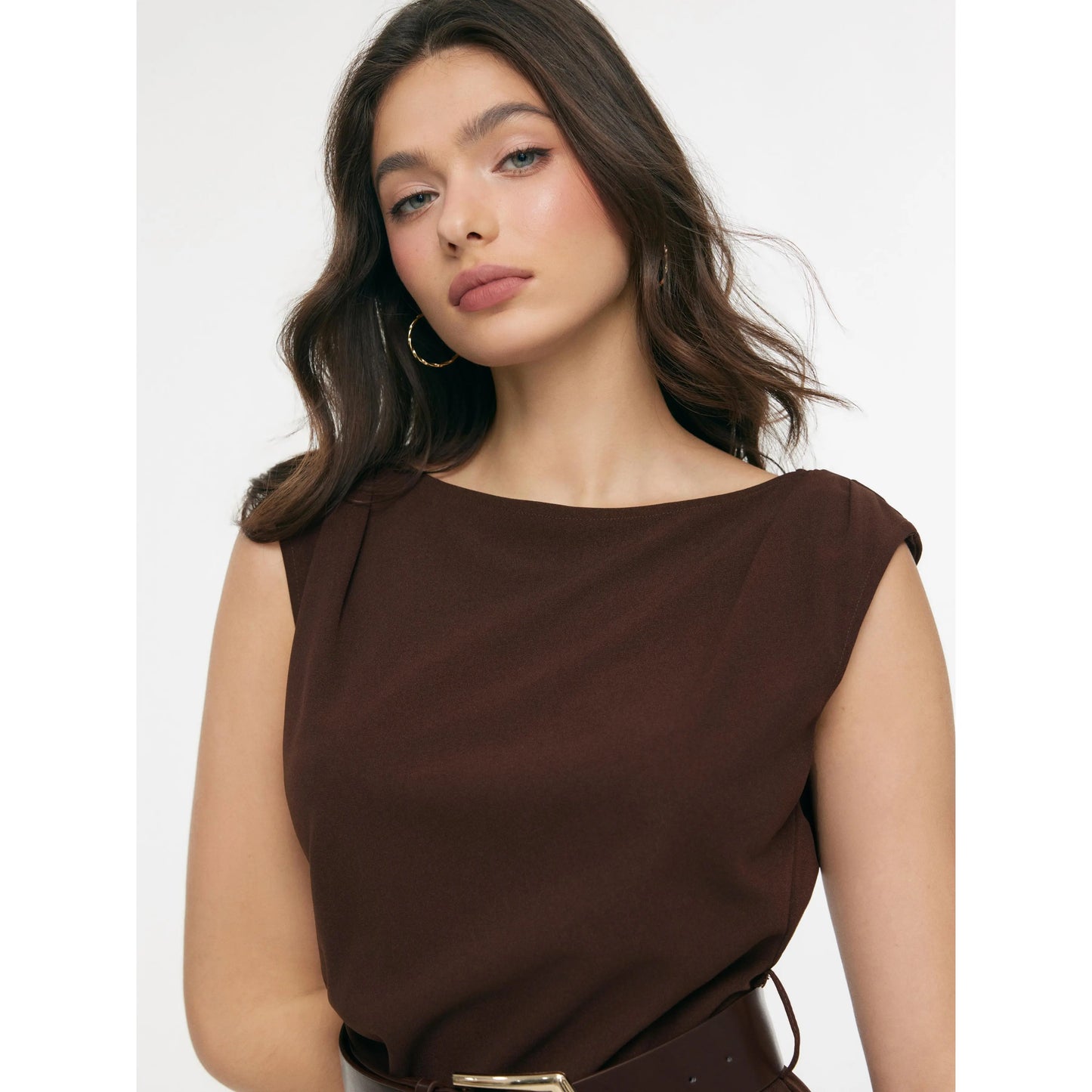 Cider Boat Neck Ruched A-Line Mini Dress with Belted Detail