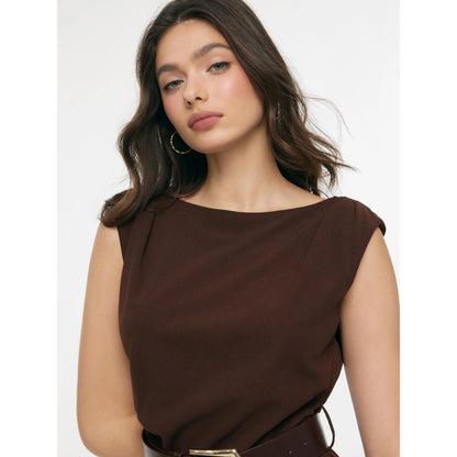 Cider Boat Neck Ruched A-Line Mini Dress with Belted Detail