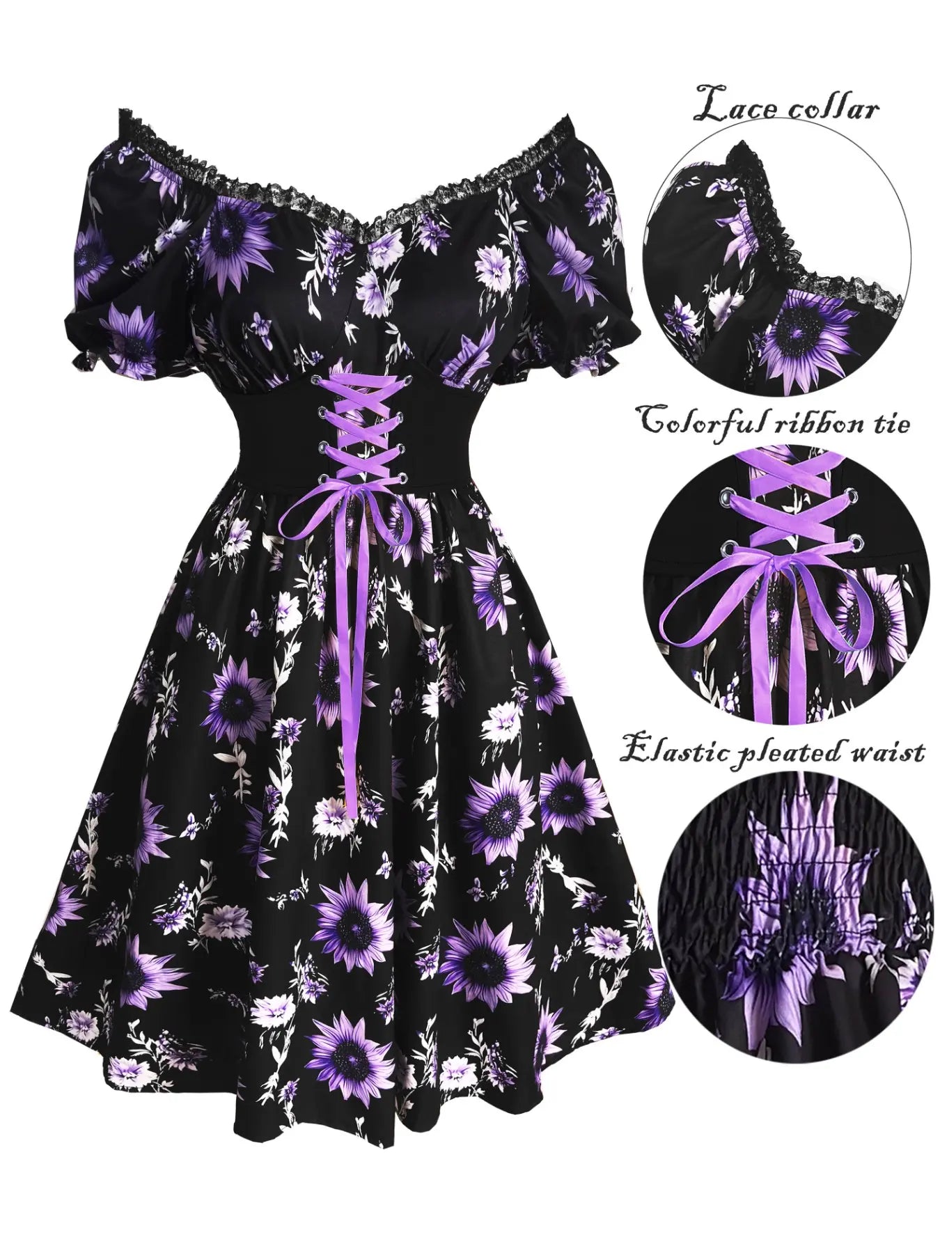 Elegant Vintage Boho Sunflower Print Dress with Bubble Sleeves and Waist Cinching for Summer Vacations and Casual Wear