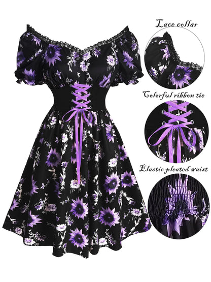 Elegant Vintage Boho Sunflower Print Dress with Bubble Sleeves and Waist Cinching for Summer Vacations and Casual Wear