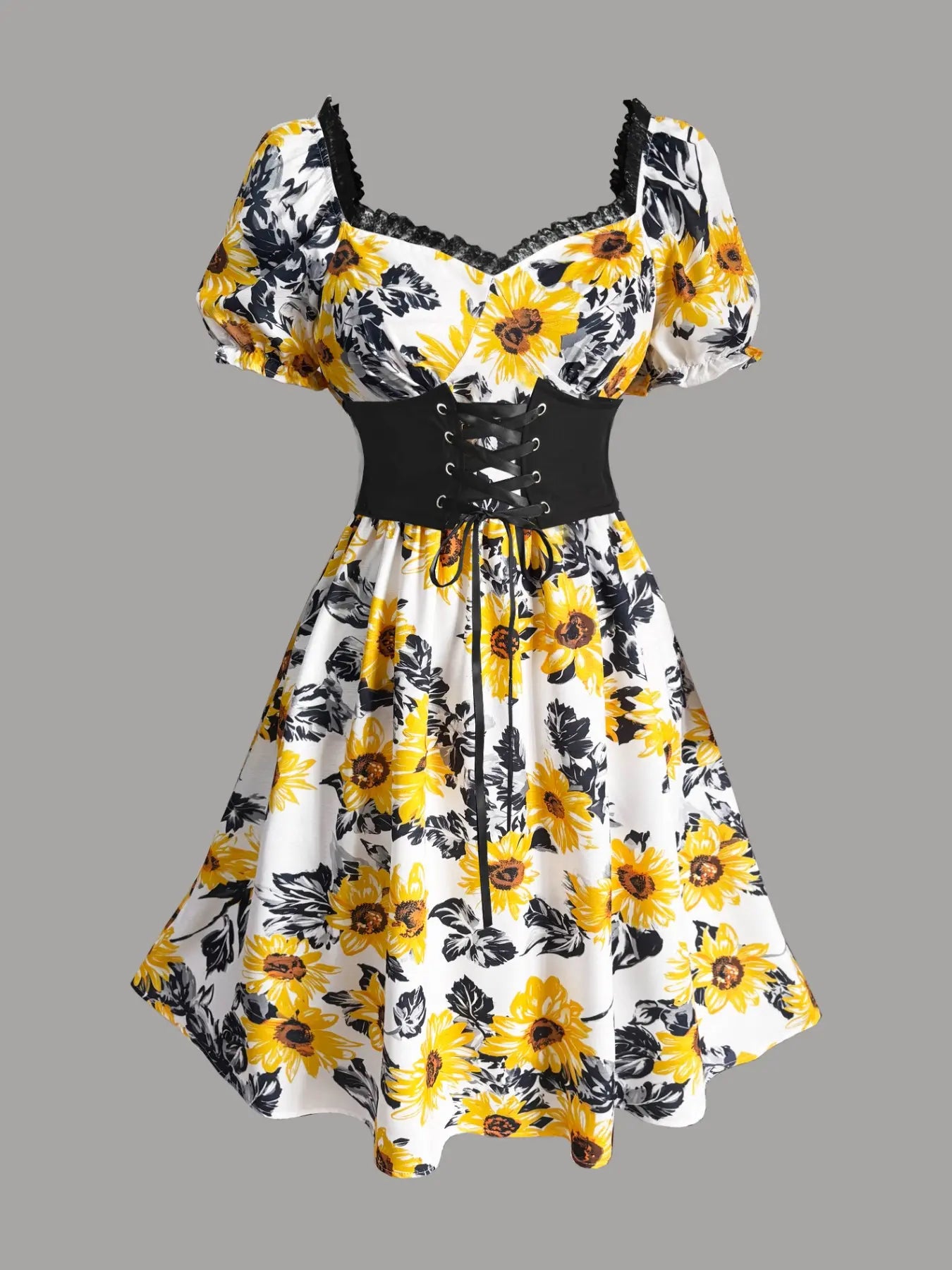 Elegant Vintage Boho Sunflower Print Dress with Bubble Sleeves and Waist Cinching for Summer Vacations and Casual Wear