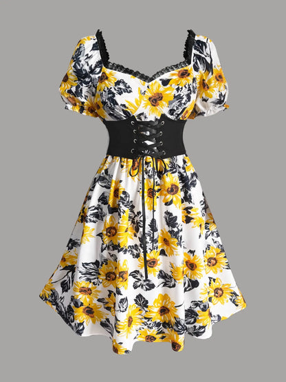 Elegant Vintage Boho Sunflower Print Dress with Bubble Sleeves and Waist Cinching for Summer Vacations and Casual Wear
