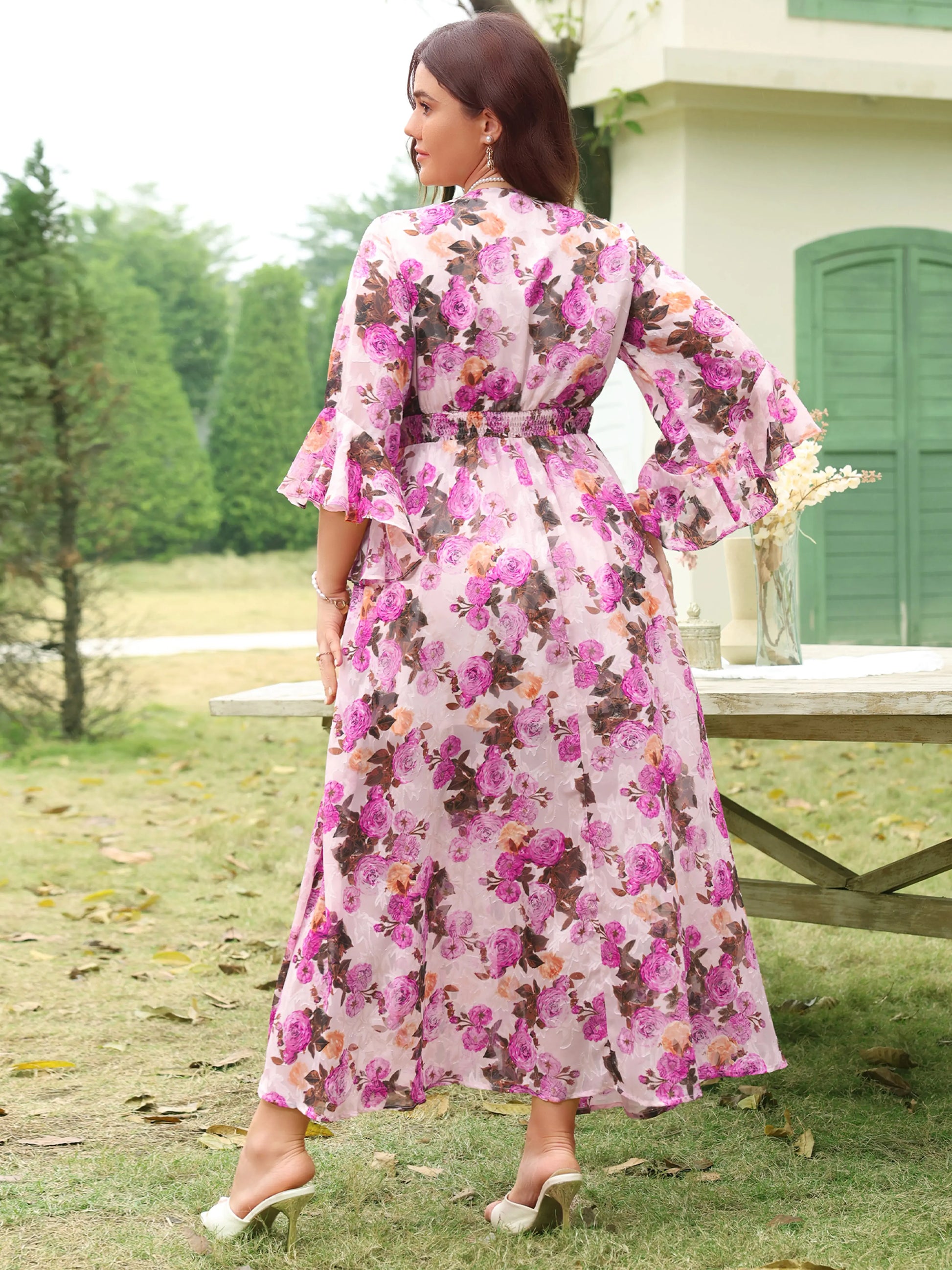 EYWOL Plus Size Elegant Floral Maxi Dress with V-Neck, Ruffle Bell Sleeves, and Side Split – Lightweight Chiffon Bohemian Outfit for Wedding Guests