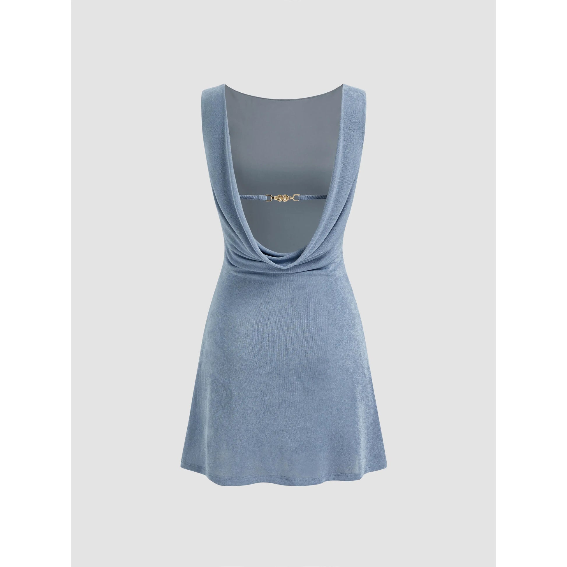 Cider Boat Neck Backless Mini Dress with Chain Detail and Ruched Design
