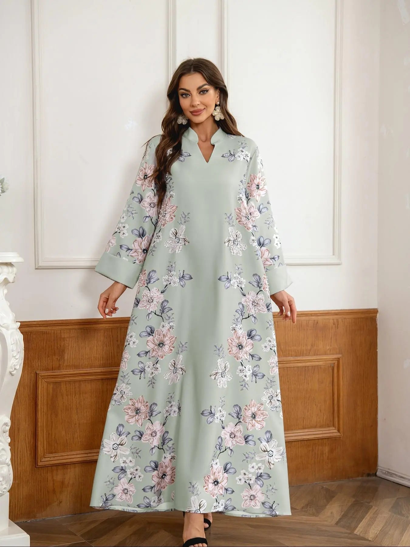 Women's Floral Print Long Sleeve Kaftan Dress - Elegant Casual Modest Style for Daily Outdoor Wear, Versatile Islamic Clothing for All Seasons