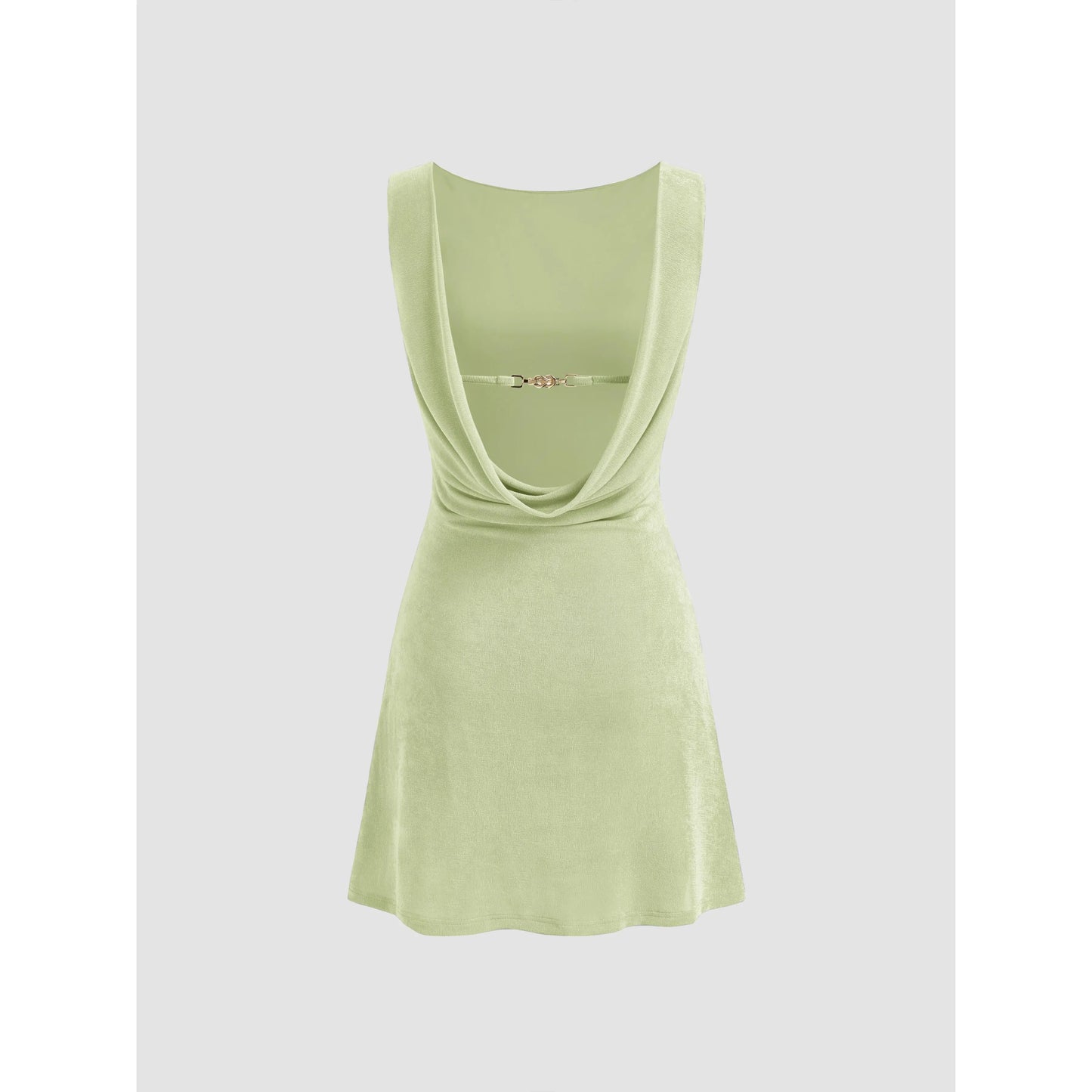 Cider Boat Neck Backless Mini Dress with Chain Detail and Ruched Design