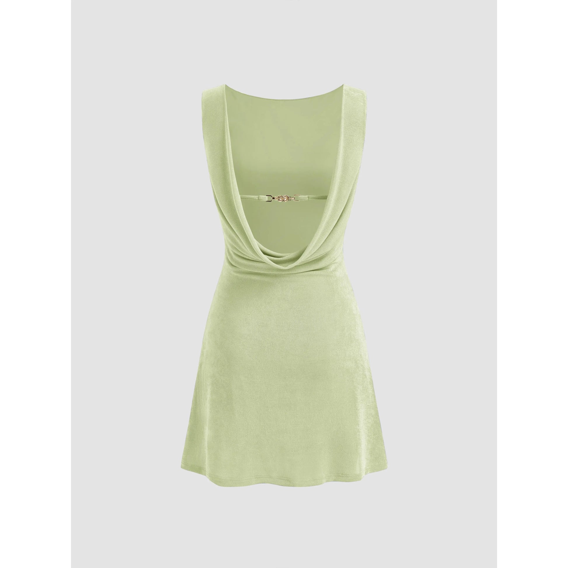 Cider Boat Neck Backless Mini Dress with Chain Detail and Ruched Design