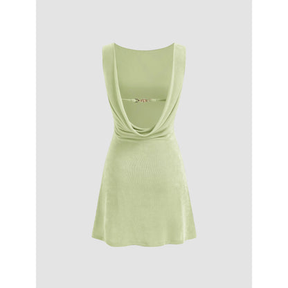 Cider Boat Neck Backless Mini Dress with Chain Detail and Ruched Design