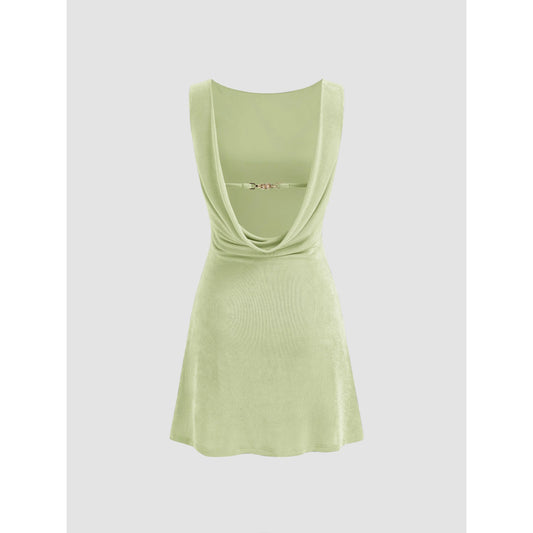 Cider Boat Neck Backless Mini Dress with Chain Detail and Ruched Design