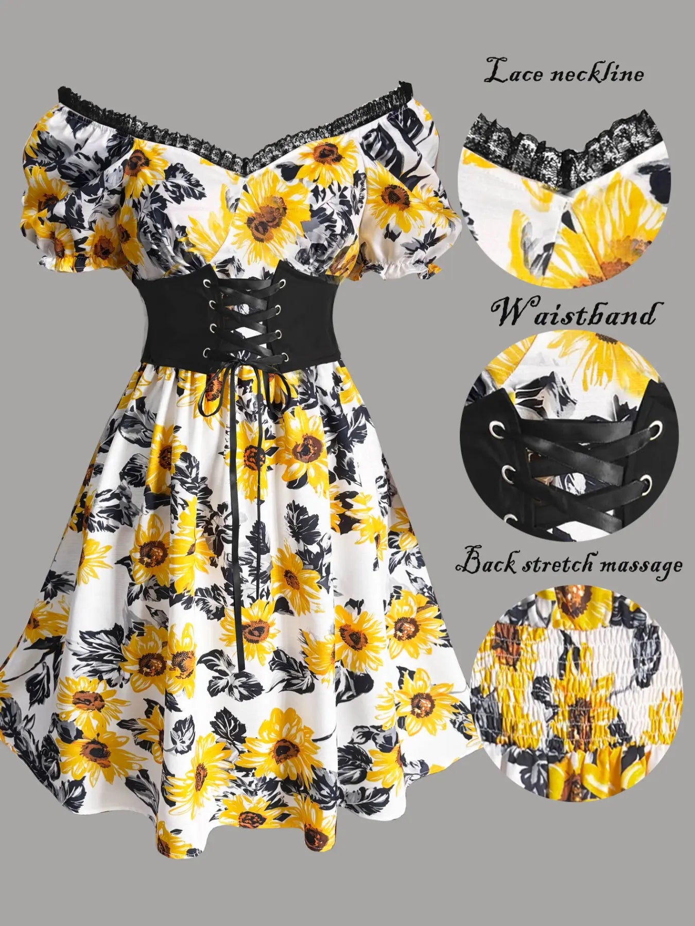 Elegant Vintage Boho Sunflower Print Dress with Bubble Sleeves and Waist Cinching for Summer Vacations and Casual Wear
